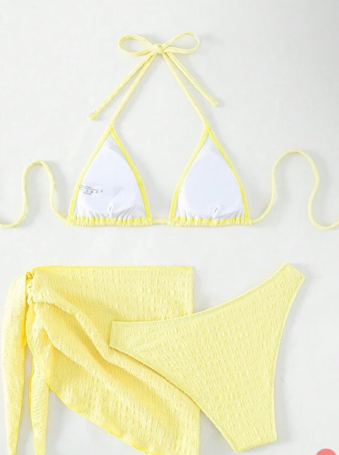 Women’s Yellow Bikini Top, Bottom and Skirt