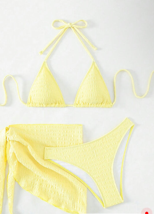 Women’s Yellow Bikini Top, Bottom and Skirt